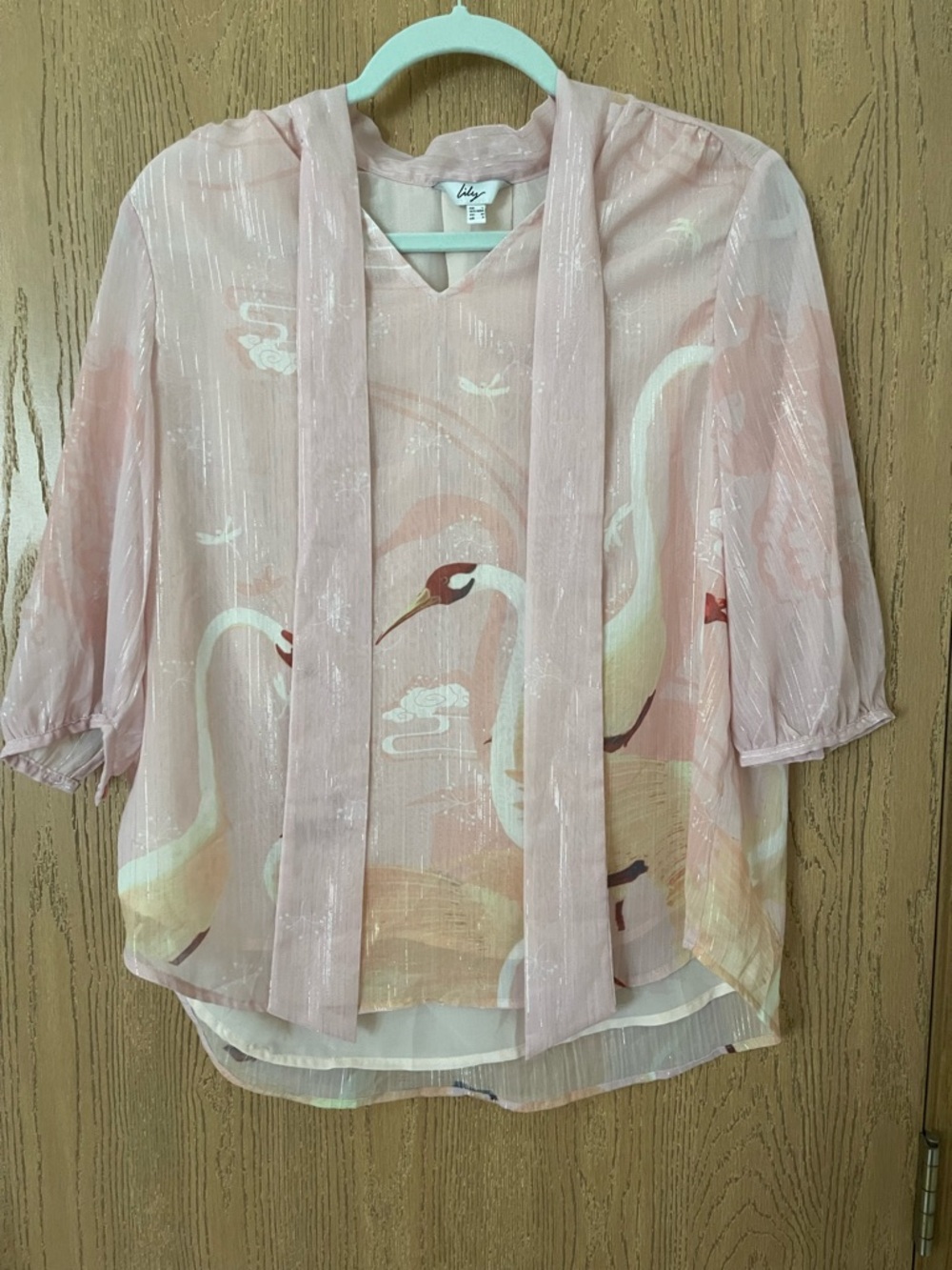 Lily Pastel Pink Crane Print Tie-Neck Blouse